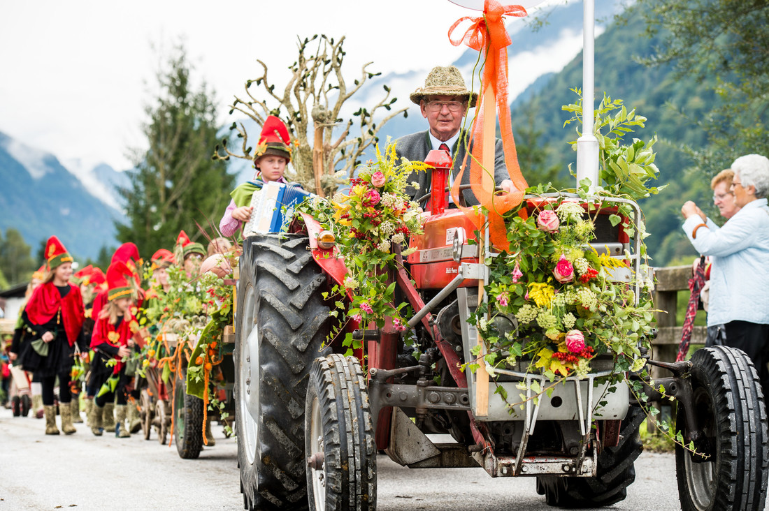 Bunt geschmückte Traktoren beim Almabtrieb im Salzburgerland